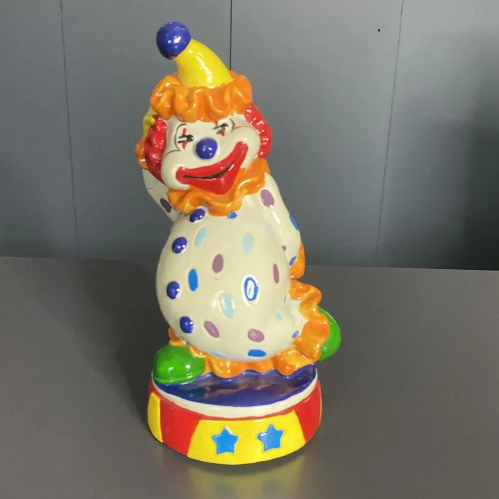 Vintage Clown Plastic Coin Piggy Bank Made in Taiwan 7.5” Tall Colorful Smiling
